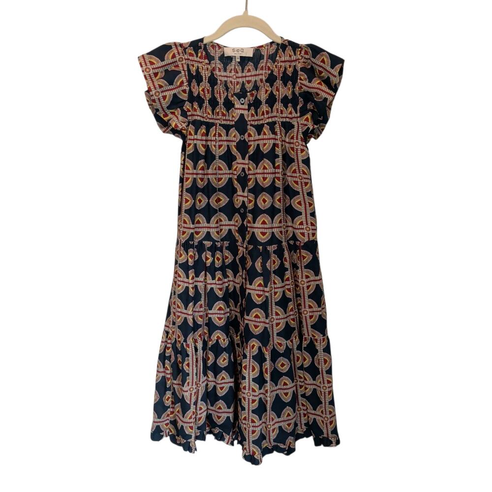 Sea New York Sz XS Leigh Short Sleeve Tiered Tunic Dress Cotton Silk Button Up